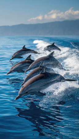 A group of dolphins are seen jumping through ocean waves, showcasing their streamlined bodies and playful movements. The image exhibits vibrant blue hues of the water contrasted with the dolphins' dark silhouettes. The composition emphasizes action and energy with potential use for marine life education or travel themes.の素材