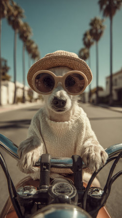 An adorable dog is depicted in a charming scene, wearing a straw hat and oversized sunglasses while seated on a motorcycle. The image features a bright, sunny day, with the dog as the central focus against a blurred background. This illustration could be suitable for various creative projects.の素材