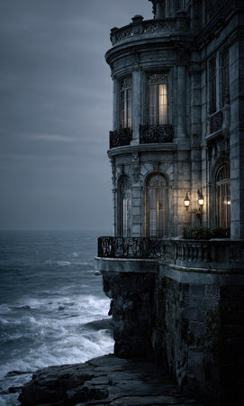 An imposing stone structure stands prominently beside a rough ocean at twilight. The architectural details, including turrets, balconies, and arches, are illuminated by warm lights. The composition is a vertical shot featuring dramatic contrast and moody lighting. Potential uses span various creative projects and editorial content.の素材