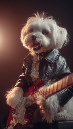 A small white dog wears a black leather jacket while holding and playing an electric guitar. The image features a shallow depth of field, with the dog as the primary focus. Warm lighting creates dramatic shadows against the dark background. This image is suitable for commercial or editorial applications related to music or animals.の素材