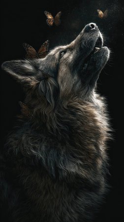 A wolf is depicted howling upwards with butterflies around its head. The image displays textures in shades of gray and brown with a dark background. The composition is a close-up, and the lighting highlights the animal's features. It could be used for wildlife illustrations or themed design projects.の素材
