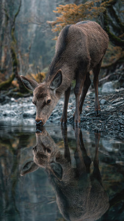 A deer bends to drink from a still body of water, its reflection mirroring the scene. The image features natural colors, a vertical composition, and soft lighting. The setting appears to be a forest, suggesting environmental themes. It's suitable for various nature and wildlife projects.の素材