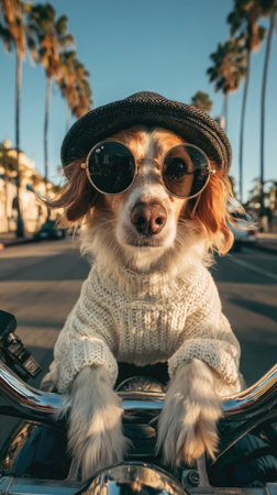 A dog, adorned with sunglasses and a hat, poses on a motorcycle. The image showcases the dog in a white sweater against a backdrop of palm trees and a sunny sky. The style suggests a casual outdoor setting with potential applications in advertising and editorial contexts.の素材