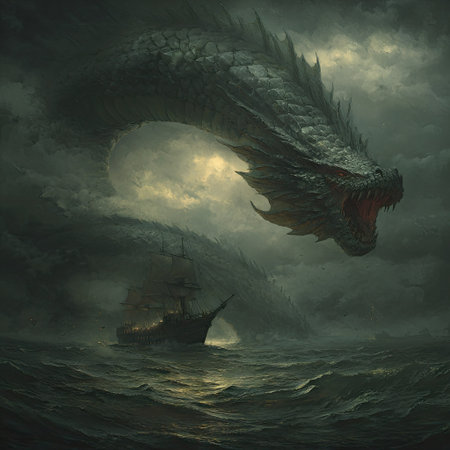 An imposing dragon rises from churning ocean depths, its head visible against a dramatic sky. The scene features a small sailing ship navigating rough waters. The artwork uses dark, muted colors and moody lighting to create an atmosphere of mystery and danger. Suitable for fantasy illustration or conceptual art.の素材