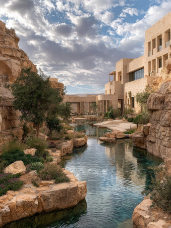 A tranquil desert scene showcases a water feature winding through sandstone formations. Buildings in a similar style are visible, bathed in soft sunlight. The composition emphasizes natural textures and architectural elements, hinting at a peaceful environment. Suitable for a range of commercial applications.の素材