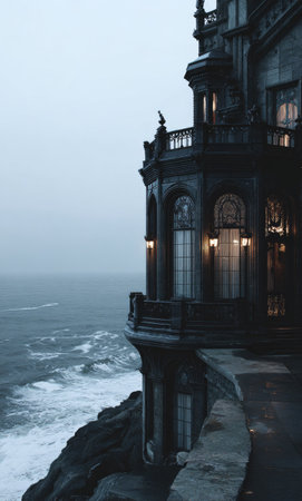 An imposing stone castle structure is perched dramatically on a cliff overlooking a vast ocean. The image showcases architectural details, with ornate windows and balconies. The scene is dominated by cool gray tones, with hints of warm light emanating from within. It evokes a sense of mystery. Suitable for historical, travel, or editorial projects.の素材