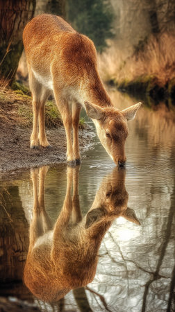 A deer bends to drink from a tranquil body of water, creating a symmetrical reflection. The image features warm, earthy tones with detailed textures. The composition is well-balanced with soft lighting. Suitable for diverse applications, including nature-themed content and editorial use.の素材
