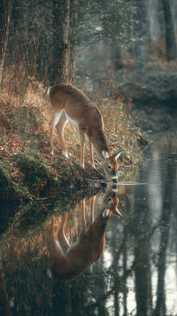 A graceful deer, captured in a moment of stillness, drinks from a calm body of water. The scene showcases natural tones, with the animal and reflections vividly rendered. Soft lighting and a vertical composition highlight the forest environment. Suitable for various editorial and commercial applications.の素材