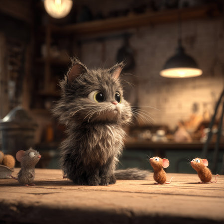 A fluffy grey cat and three small mice are presented on a wooden table. The illustration showcases soft lighting and a warm color palette. The detailed composition, potentially created digitally, suggests commercial applications for children's books or educational materials. The setting appears to be inside a home.の素材