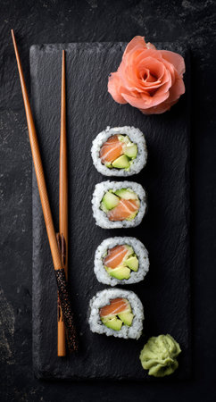This image showcases sushi rolls arranged with chopsticks, a decorative flower, and ginger. The composition presents a vertical view with a dark, textured background. The color palette includes natural tones of salmon, avocado, rice, and wood, against the dark surface, making it suitable for editorial and commercial use related to cuisine.の素材