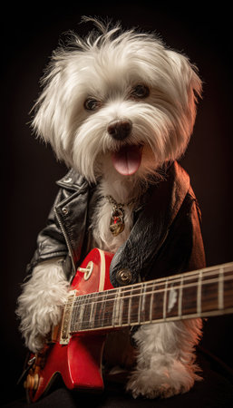 A small dog wearing a black leather jacket is shown playing a red electric guitar. The image presents a studio portrait with neutral background and warm lighting. The dog has white fur and is the central subject of the shot. This image is suitable for various commercial uses including advertising and editorial content.の素材