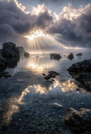A captivating image showcases a serene waterscape with dark, dramatic clouds. Sunlight streams through the clouds, illuminating the water and creating a sense of depth. The composition includes rocky formations in the foreground and a reflective water surface. This image could be used for various commercial or editorial projects.の素材