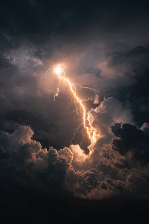 A striking image displays a lightning bolt piercing through heavy, dark storm clouds. The scene is illuminated by the bright flash, creating a stark contrast against the gloomy background. This dramatic composition showcases the power of nature, and is suitable for various editorial and commercial projects.の素材