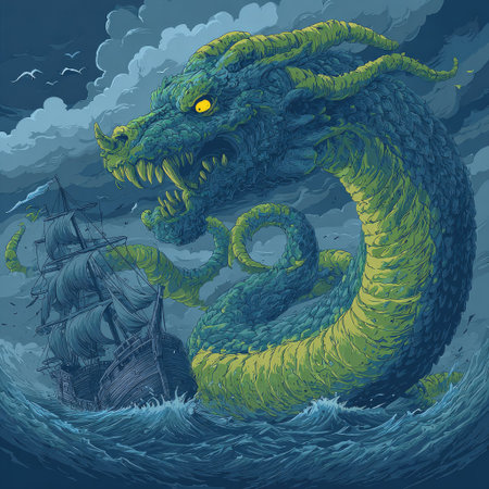 A fantastical illustration depicts a colossal sea serpent coiled around a ship at sea. The creature is rendered in shades of green and blue, with sharp teeth and glowing eyes. The artwork features dynamic composition with textured waves, a cloudy sky, and the ship's silhouette. This image is suitable for various commercial and editorial applications.の素材