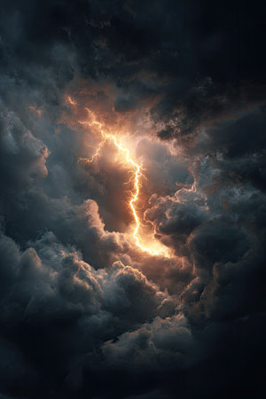 An intense lightning bolt dramatically illuminates a dense formation of dark, billowing clouds. The composition features a strong contrast of light and shadow, with a dynamic play of textures. The image suggests a powerful weather event, possibly suitable for illustrating meteorological concepts or creating impactful visual media.の素材