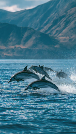 A pod of dolphins jumps from the water in a scenic outdoor setting. The image showcases the animals in motion with a backdrop of mountains under a cloudy sky. The composition uses cool tones, water splashes, and natural light, suitable for various editorial and commercial applications.の素材