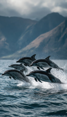 A group of dolphins are captured mid-air, leaping from the ocean's surface. The image presents a dynamic composition, with shades of blue and gray dominating the scene. The backdrop features mountain ranges, suggesting a natural and open environment. This photograph could be utilized for various commercial and editorial applications.の素材