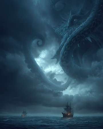 An awe-inspiring image captures a colossal sea monster emerging from churning storm clouds, looming over small sailing vessels. The scene is dominated by shades of blue and gray, showcasing a dramatic contrast between the creature's textured form and the turbulent environment. This artwork is suitable for various editorial and commercial applications.の素材