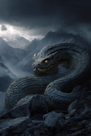 An illustrated serpent dominates the frame, its scales detailed in cool tones. The creature's eye glows yellow against a backdrop of distant mountains obscured by fog. The composition and lighting create a dramatic and mystical mood. Suitable for concept art or projects needing an epic visual.の素材