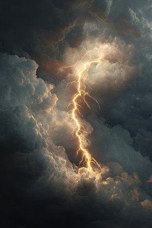 A striking visual captures a vibrant lightning bolt illuminating a turbulent, cloud-filled sky. The image showcases dramatic contrast with dark and light tones, creating a sense of energy and natural power. It is suitable for commercial uses such as illustrating weather events, science, or conceptual designs.の素材