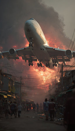 An aircraft is depicted in a moment of crisis, descending toward structures engulfed in flames. The scene is dominated by fiery hues and dense smoke, suggesting a catastrophic event. Silhouetted figures in the foreground observe the unfolding incident. The image's high-contrast lighting and detailed rendering are suitable for editorial or illustrative purposes.の素材