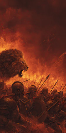 An illustration presents a roaring lion above a group of soldiers, spears raised. The scene is dominated by shades of orange and red, evoking a sense of conflict. The composition and lighting create a dramatic atmosphere. Suitable for use in editorial content, book covers, or visual storytelling projects.の素材