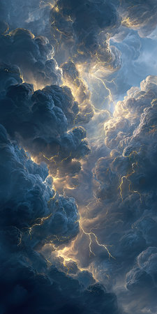 An illustration depicts a grand cloud formation. The artwork showcases textured, voluminous clouds in various shades of blue and gold. The composition evokes a sense of depth and movement, suggesting a dramatic sky. Suitable for background use or illustrating themes related to weather.の素材