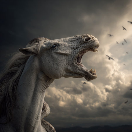A striking image presents a white horse with its mouth open, showcasing teeth and a rough texture. The animal is set against a backdrop of a cloudy, atmospheric sky, with silhouettes of birds. This visual could be used in various commercial applications, including editorial designs, advertising, and artistic projects.の素材