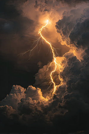 A vivid depiction of a lightning strike against a backdrop of turbulent, dark clouds. The golden-yellow lightning bolt sharply contrasts with the surrounding grayscale tones. The image suggests a dynamic weather event and evokes a sense of natural power. Suitable for a range of commercial or editorial purposes, conveying intensity.の素材