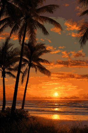 An inviting sunset scene presents silhouetted palm trees against a fiery orange and golden sky. The ocean's surface reflects the warm colors, enhancing the tropical atmosphere. Suitable for a variety of projects, this image conveys serenity and can be used for travel, nature, or environmental themes.の素材