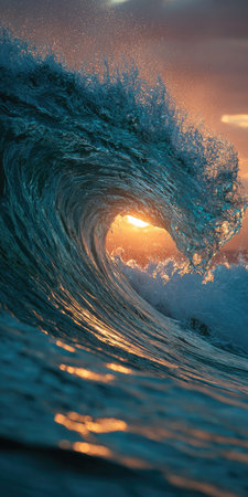 An ocean wave is captured in mid-crest, showcasing water's movement and intricate textures. The image reveals blue and turquoise hues, illuminated by warm sunlight filtering through the wave's arc. This natural scene, ideal for various commercial applications, evokes the power and beauty of the sea.の素材