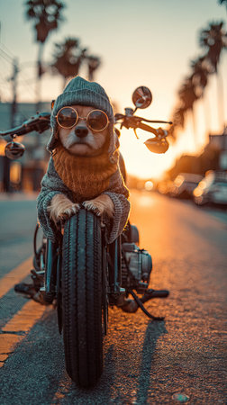 An anthropomorphic dog wearing a hat, sunglasses, and scarf sits astride a motorcycle. The image displays warm colors from a sunset, with palm trees visible in the background. The style is illustrative with a focus on detail, suggesting potential uses in advertising or editorial contexts.の素材