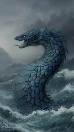 A digital illustration depicts a large serpentine creature amidst churning ocean waves. The artwork showcases a textured, scaled body with a detailed head and open mouth. The color palette primarily uses cool tones, with shades of blue and gray dominating the scene, suggesting a stormy environment and dramatic lighting. This image is suitable for various commercial or editorial applications.の素材