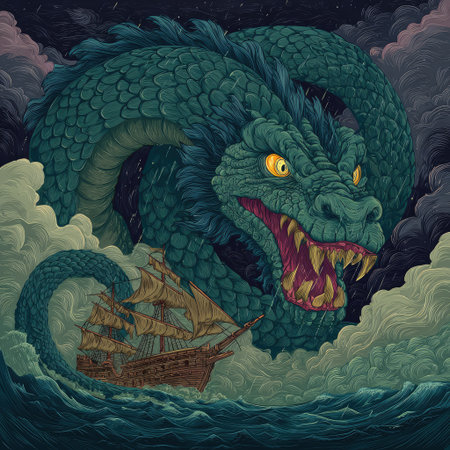 An illustration depicts a large, green serpentine creature emerging from turbulent waters. The artwork showcases detailed scales, sharp teeth, and glowing eyes. A sailing ship is engulfed by waves. The style has a fantastical quality, featuring dramatic lighting and a moody sky. This image may be suitable for editorial and commercial design projects.の素材