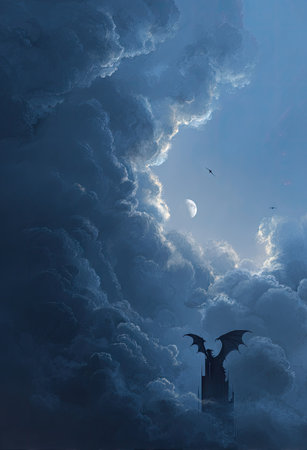 An artistic digital composition presents a silhouetted dragon figure perched atop a structure against a backdrop of voluminous, dark, and cloudy skies. The scene features a crescent moon and hints of daylight peeking through the dramatic atmosphere. Suitable for use in visual storytelling or conceptual design, this image offers a fantastical, surreal quality.の素材