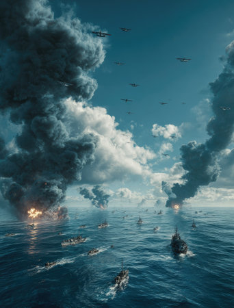 An evocative image showcasing warships engaged in a naval conflict under a tumultuous sky. The scene is dominated by billowing clouds, fire, and smoke. The composition presents a vertical perspective, with a palette of blues and grays. This visual could be used for historical contexts, news reports, or artistic projects.の素材