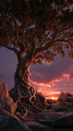 A large tree, silhouetted against a fiery sunset, dominates the frame with its intricate branches and exposed roots. The composition emphasizes the contrast between the dark form and the colorful sky, employing warm hues. It could be used in design projects, landscape illustrations, or editorials emphasizing nature's beauty.の素材