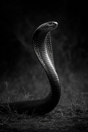 A close-up view depicts a cobra snake raising its head with a dark background. The image showcases the reptile's scales in detail. The grayscale tone creates a dramatic visual effect. The photograph might be suitable for editorial content or promotional materials.の素材