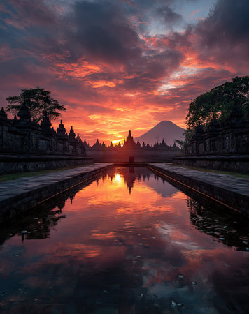 The image captures a breathtaking sunset casting vibrant colors over historical structures. The scene features a water body mirroring the sky and the silhouettes of buildings. Intense orange and red hues dominate the sky, while the environment evokes a sense of peace. This scene could be used for travel, cultural, or artistic projects.の素材
