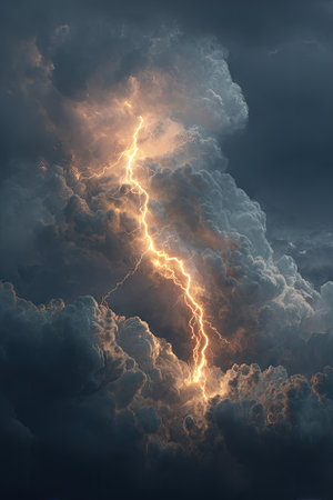 An intense lightning bolt streaks across a dark, turbulent sky, illuminating massive, textured cloud formations. The dramatic scene features a contrast of deep blues and illuminated golds, with a composition that emphasizes the power of nature. Suitable for illustrating weather phenomena or depicting natural power in a variety of visual projects.の素材