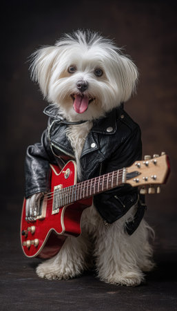 A small white dog wearing a black leather jacket is holding a red electric guitar. The portrait style image features the animal with its tongue out. The background is a dark tone, and the lighting is even. This image could be used for advertising, editorial, or other creative purposes.の素材
