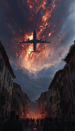 An airplane flies above a city consumed by flames, with a backdrop of a fiery sky. The composition features a symmetrical view of buildings, with dark tones and intense orange hues dominating the scene. The image suggests a catastrophic event, suitable for editorial and commercial applications.の素材