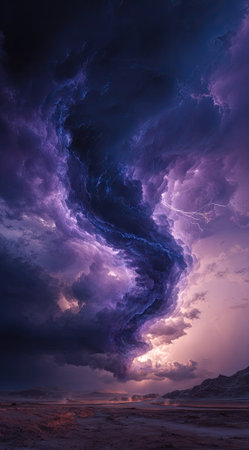 An awe-inspiring image captures a dynamic cloud formation dominating the sky. The composition showcases shades of purple and blue with striking lighting, suggesting a dramatic weather event. This vibrant scene offers potential for various applications including editorial content or artistic projects related to climate or nature.の素材