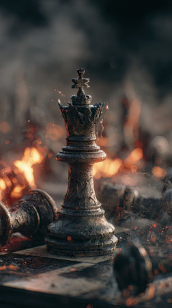 A detailed image showcases a chess king standing amid smoldering pieces. The composition features a shallow depth of field, with warm tones from the flames contrasting against a blurred, ashen background. This striking visual emphasizes the subject, suitable for various editorial and commercial applications.の素材