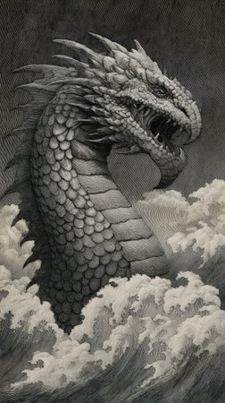 A grayscale illustration depicts a dragon with sharp features emerging from swirling clouds. The artwork showcases detailed textures and dramatic lighting, creating a sense of depth and movement. It could be suitable for fantasy book covers, concept art, or other creative endeavors. The composition emphasizes the dragon's imposing presence.の素材