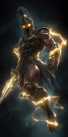 An illustration depicts a warrior figure, clad in detailed armor and helmet, surrounded by glowing energy. The artwork showcases a dynamic pose against a dark background, with stylized lighting effects enhancing the visual drama. Suitable for various creative projects, this image conveys themes of power and combat in a fantasy setting.の素材