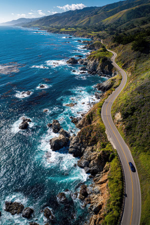 An aerial view presents a coastal road following the contour of a rocky coastline. Turquoise ocean water crashes against the shore, contrasted by a winding asphalt road and patches of green vegetation. The scene is illuminated by daylight, possibly suitable for travel-related or environmental content.の素材
