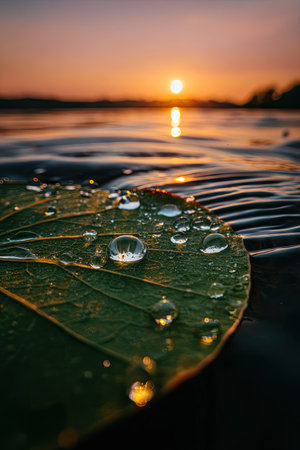 A detailed image showcases a green leaf covered in glistening water droplets. The background reveals a body of water reflecting the warm colors of a sunset, including orange and yellow hues. The composition uses shallow depth of field, suitable for editorial and commercial applications. The scene evokes a sense of tranquility.の素材