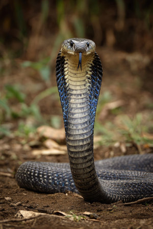 A detailed image presents a cobra snake, its hood fully extended, displaying a pattern of black, blue, and yellow scales. The reptile is positioned against a blurry natural backdrop, with a focus on its eye and hood. The photograph's composition may suit editorial or educational purposes.の素材