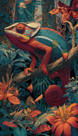A vibrant illustration portrays a chameleon resting on a branch amidst dense greenery and stylized orange flowers. The artwork features a combination of red, teal, and beige tones. The image has a textured quality suggesting a painted finish. It could be used for educational materials or decorative designs.の素材
